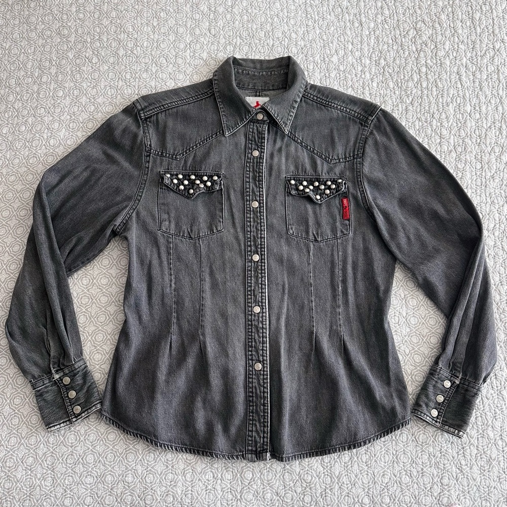 Vintage Crazy Horse Black Denim Western Shirt Studded Pockets Snaps Size M